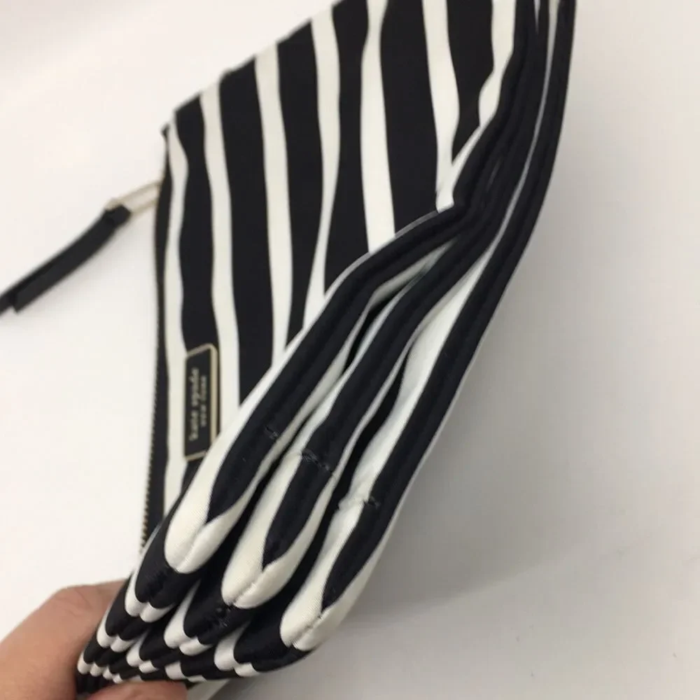 Kate Spade New York Black White Library Stripe Triple Gusset Clutch Makeup Pouch
